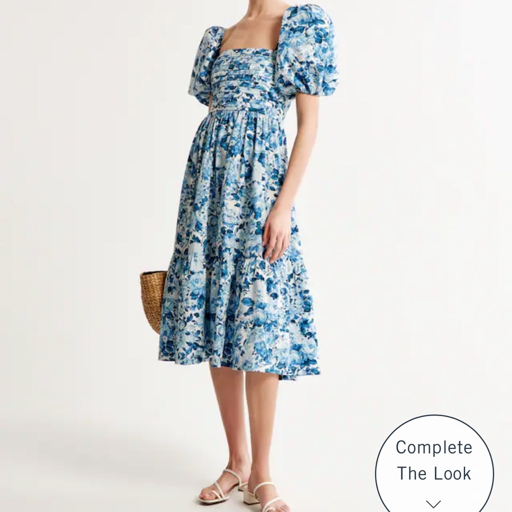 Abercrombie Emerson Poplin Puff Sleeve Midi Blue Dress